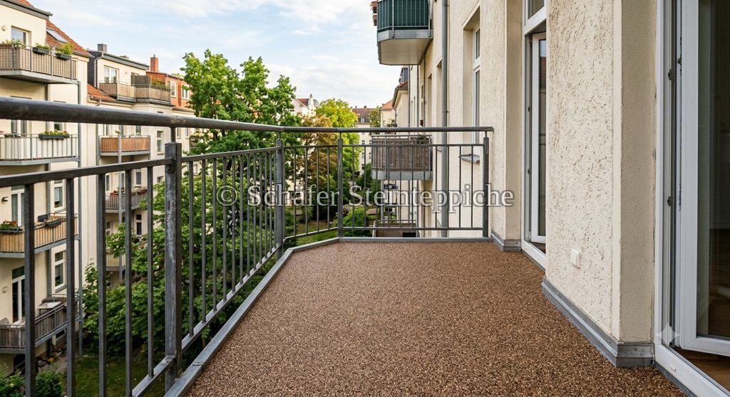 Balkon mit kupferfarbenem Steinteppich und Blick über die Dächer