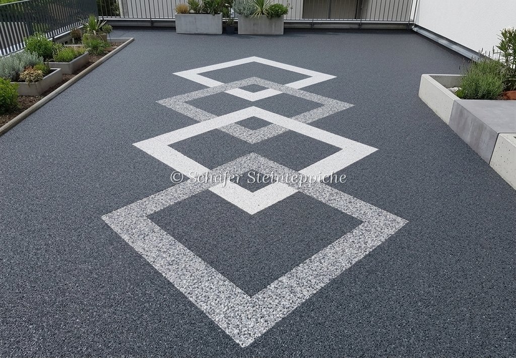 Terrasse mit verschachteltem Quadratmuster in Weiß und Grau auf Anthrazit